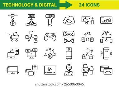 Tecnologia Inteligente e Internet das Coisas (IoT) Line Icons Bundle Com Impressão 3D, Realidade Aumentada, Computação em Nuvem, Controladores de Jogos, Dispositivos Domésticos Inteligentes, Compras Online, SEO, Pagamentos Móveis