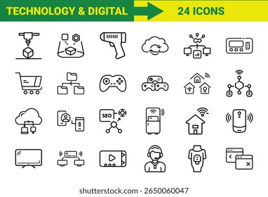 Tecnologia Inteligente e Internet das Coisas (IoT) Line Icons Bundle Com Impressão 3D, Realidade Aumentada, Computação em Nuvem, Controladores de Jogos, Dispositivos Domésticos Inteligentes, Compras Online, SEO, Pagamentos Móveis