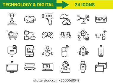 Tecnologia Inteligente e Internet das Coisas (IoT) Line Icons Bundle Com Impressão 3D, Realidade Aumentada, Computação em Nuvem, Controladores de Jogos, Dispositivos Domésticos Inteligentes, Compras Online, SEO, Pagamentos Móveis