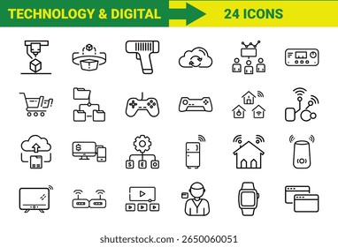 Tecnologia Inteligente e Internet das Coisas (IoT) Line Icons Bundle Com Impressão 3D, Realidade Aumentada, Computação em Nuvem, Controladores de Jogos, Dispositivos Domésticos Inteligentes, Compras Online, SEO, Pagamentos Móveis