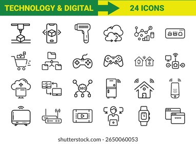 Tecnologia Inteligente e Internet das Coisas (IoT) Line Icons Bundle Com Impressão 3D, Realidade Aumentada, Computação em Nuvem, Controladores de Jogos, Dispositivos Domésticos Inteligentes, Compras Online, SEO, Pagamentos Móveis