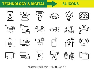 Tecnologia Inteligente e Internet das Coisas (IoT) Line Icons Bundle Com Impressão 3D, Realidade Aumentada, Computação em Nuvem, Controladores de Jogos, Dispositivos Domésticos Inteligentes, Compras Online, SEO, Pagamentos Móveis