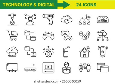 Tecnologia Inteligente e Internet das Coisas (IoT) Line Icons Bundle Com Impressão 3D, Realidade Aumentada, Computação em Nuvem, Controladores de Jogos, Dispositivos Domésticos Inteligentes, Compras Online, SEO, Pagamentos Móveis
