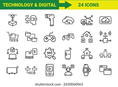 Smart Technology and Internet of Things (IoT) Line Icons Bundle Featuring 3D Printing, Augmented Reality, Cloud Computing, Gaming Controllers, Smart Home Devices, Online Shopping, SEO, Mobile Payments