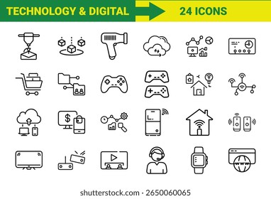 Tecnologia Inteligente e Internet das Coisas (IoT) Line Icons Bundle Com Impressão 3D, Realidade Aumentada, Computação em Nuvem, Controladores de Jogos, Dispositivos Domésticos Inteligentes, Compras Online, SEO, Pagamentos Móveis