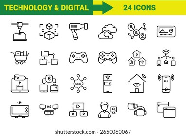 Tecnologia Inteligente e Internet das Coisas (IoT) Line Icons Bundle Com Impressão 3D, Realidade Aumentada, Computação em Nuvem, Controladores de Jogos, Dispositivos Domésticos Inteligentes, Compras Online, SEO, Pagamentos Móveis