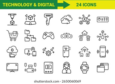 Tecnologia Inteligente e Internet das Coisas (IoT) Line Icons Bundle Com Impressão 3D, Realidade Aumentada, Computação em Nuvem, Controladores de Jogos, Dispositivos Domésticos Inteligentes, Compras Online, SEO, Pagamentos Móveis