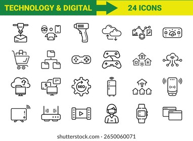 Tecnologia Inteligente e Internet das Coisas (IoT) Line Icons Bundle Com Impressão 3D, Realidade Aumentada, Computação em Nuvem, Controladores de Jogos, Dispositivos Domésticos Inteligentes, Compras Online, SEO, Pagamentos Móveis