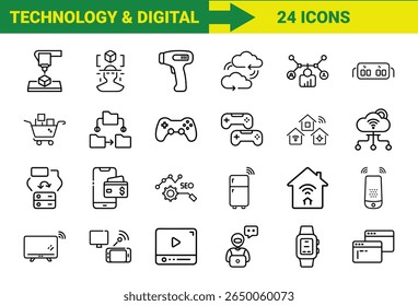 Tecnologia Inteligente e Internet das Coisas (IoT) Line Icons Bundle Com Impressão 3D, Realidade Aumentada, Computação em Nuvem, Controladores de Jogos, Dispositivos Domésticos Inteligentes, Compras Online, SEO, Pagamentos Móveis