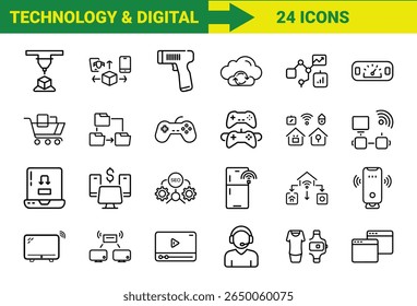 Tecnologia Inteligente e Internet das Coisas (IoT) Line Icons Bundle Com Impressão 3D, Realidade Aumentada, Computação em Nuvem, Controladores de Jogos, Dispositivos Domésticos Inteligentes, Compras Online, SEO, Pagamentos Móveis