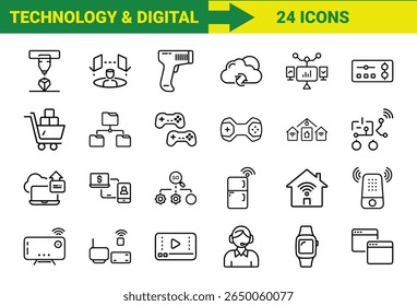 Tecnologia Inteligente e Internet das Coisas (IoT) Line Icons Bundle Com Impressão 3D, Realidade Aumentada, Computação em Nuvem, Controladores de Jogos, Dispositivos Domésticos Inteligentes, Compras Online, SEO, Pagamentos Móveis