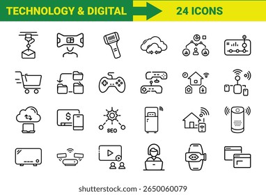 Tecnologia Inteligente e Internet das Coisas (IoT) Line Icons Bundle Com Impressão 3D, Realidade Aumentada, Computação em Nuvem, Controladores de Jogos, Dispositivos Domésticos Inteligentes, Compras Online, SEO, Pagamentos Móveis