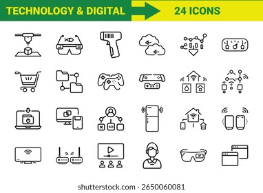 Tecnologia Inteligente e Internet das Coisas (IoT) Line Icons Bundle Com Impressão 3D, Realidade Aumentada, Computação em Nuvem, Controladores de Jogos, Dispositivos Domésticos Inteligentes, Compras Online, SEO, Pagamentos Móveis