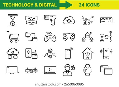 Tecnologia Inteligente e Internet das Coisas (IoT) Line Icons Bundle Com Impressão 3D, Realidade Aumentada, Computação em Nuvem, Controladores de Jogos, Dispositivos Domésticos Inteligentes, Compras Online, SEO, Pagamentos Móveis