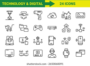 Smart Technology and Internet of Things (IoT) Line Icons Bundle Featuring 3D Printing, Augmented Reality, Cloud Computing, Gaming Controllers, Smart Home Devices, Online Shopping, SEO, Mobile Payments