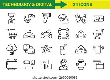 Tecnologia Inteligente e Internet das Coisas (IoT) Line Icons Bundle Com Impressão 3D, Realidade Aumentada, Computação em Nuvem, Controladores de Jogos, Dispositivos Domésticos Inteligentes, Compras Online, SEO, Pagamentos Móveis
