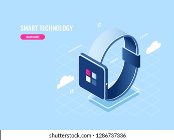 Smart technology isometric icon of smartwatch, digital devise, mobile application flat vector illustration