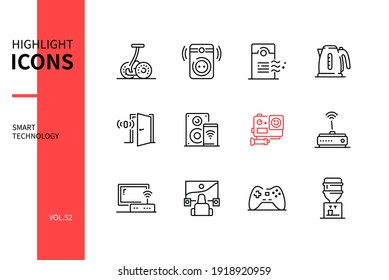Smart technology - line design style icons set. Devices and gadgets images. Gyroscooter, wi-fi plug and speaker, air and water purifier, electric kettle, door sensor, action camera, 3d home theater