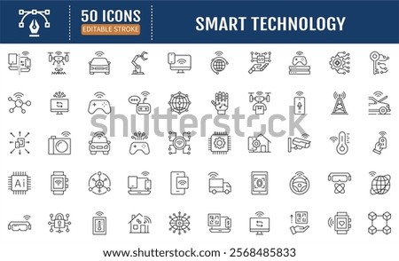 Smart Technology Line Editable Icons set. Containing Industry 4.0, 5g, ai, robot, iot, programming and more. Vector Illustration