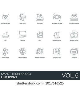 Smart technology line icons. Digital camera, mp4, cd player, handheld, gaming console, wifi, devices, cpu, wireless mouse, printer, smartwatch, vr headset, tv box, television vector illustration.