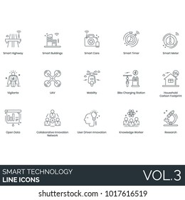 Smart technology line icons. Highway, buildings, care, timer, meter, vigilante, uav, mobility, electric bike, carbon footprint, open data, collaborative innovation network, knowledge worker, research.