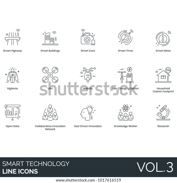 Smart technology line icons. Highway,\
buildings, care, timer, meter, vigilante, uav, mobility, electric\
bike, carbon footprint, open data, collaborative innovation\
network, knowledge worker,\
research.