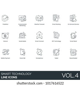 Smart technology line icons. Prediction, environmental monitoring, weather forecast, on demand, internet, social media, connect, nfc, retail, mobile payment, sim card, smartphone, tablet, ebook reader