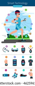 Smart technology line infographic with running man and smart electronic equipments on his body vector illustration