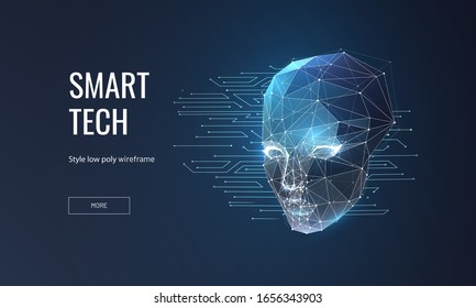 Smart technology low poly wireframe landing page template. Robotics science web banner. 3d head model polygonal illustration. Intelligent machine, robot mesh art homepage design layout