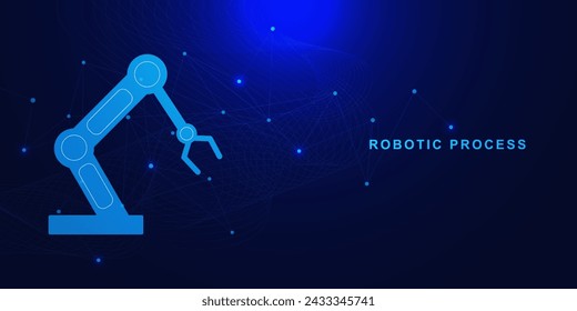 Smart technology manufacturing process with futuristic robotic arm. Industry 4.0 concept. Robotic production line on smart factory on dark blue background. Vector illustration.