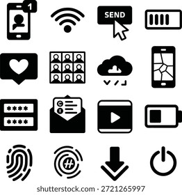 Tecnologia inteligente e conjunto de ícones de interface do usuário móvel. Contendo interface de smartphone, sinal wifi, status da bateria, computação em nuvem, barra de carga, segurança de login e silhuetas de perfil do usuário.