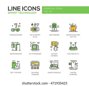 Smart Technology - modern vector line design icons and pictograms set. Gyrosooter, plug, air, water purifier, electric kettle, door sensor, router, set-top box, home theater, game console