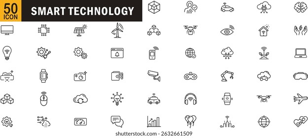 Smart technology outline icon set. IoT, AI, robotics, wearable, automation, machine learning, cloud computing.