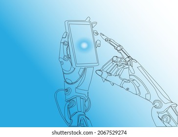 smart technology robot uses phone extending finger. internet of things. industrial robotics revolution concept.