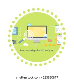 Smart technology for SEO analytics icon flat. Web business, optimization internet information, data and development, marketing chart, search and analysis illustration