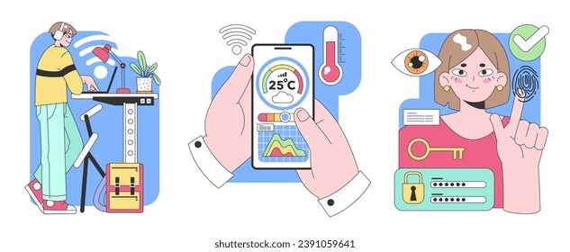 Smart Technology set. DJ mixes tunes, mobile app displays weather, woman approves with biometric security. Wireless connectivity. Identity verification. Trendy user interfaces. vector illustration
