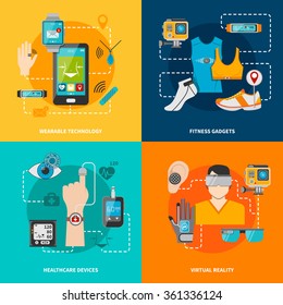 Smart Technology Set For Healthcare Fitness Virtual Reality Wearable Technology Vector Illustration