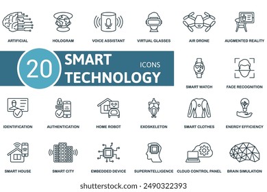 Smart Technology thin line icon set. Artificial, Hologram, Voice Assistant, Virtual Glasses, Air Drone, Augmented Reality, Smart Watch, Face Recognition, Identification, Authentication icons and more