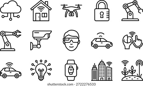 Conjunto de iconos de vectores de tecnología inteligente con computación en la nube, hogar inteligente, dispositivos IoT, robótica, ciberseguridad, tecnología portátil, ciudad inteligente y agricultura