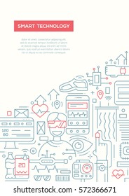 Smart technology - vector plain line design brochure poster, flyer presentation template, A4 size layout. Gadget, devices, hi-tech