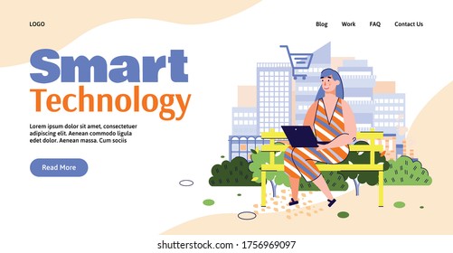 Banner del sitio web de tecnología inteligente. Mujer caricaturista usando laptop e internet inalámbrico en el parque de la ciudad y sonriendo - ilustración vectorial de personas comprando en línea en computadora al aire libre.