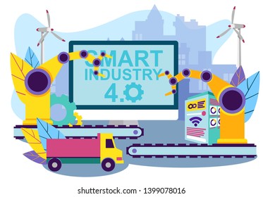 Smart Tehnology. Computer Technology. Working Process. Automation and Technology. Vector Illustration. Smart Idustry. Loading from Conveyor in Truck. Monitor and Control Panel. Automatic Control.