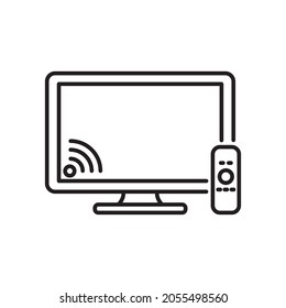 Intelligente Fernseher mit einer Remote-Symbol im linearen Stil einzeln auf weißem Hintergrund