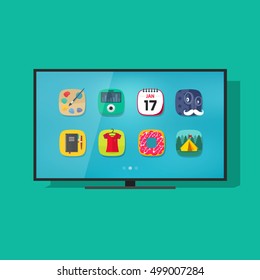 Smart television vector illustration isolated on color background, flat screen tv with smart technology app icons 