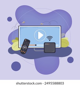 Smart television with with wi-fi, internet connection. TV set, remote control and video games player flat vector illustration. Entertainment, modern technology concept