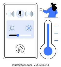 Smart temperature control interface with voice command, sun and snow icons, thermostat, and person. Ideal for smart homes, energy efficiency, modern technology, user-friendly design, climate control