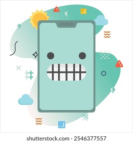 Smart Tense Emoji on a Smartphone Screen: Modern Illustration Design with a Creative Touch of Colorful Geometric Elements | Smart Tense Emoji Icon Design on Smartphone Screen