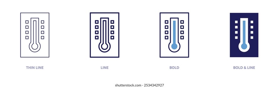 Icono de termómetro inteligente en 4 estilos diferentes. Línea delgada, línea, negrita y línea negrita. Estilo duotono. Trazo editable.