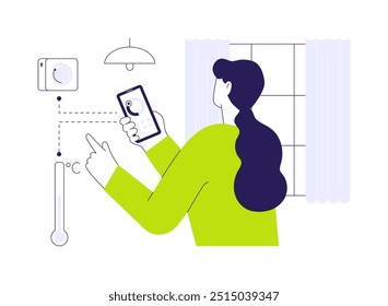 Ilustração de vetor de conceito abstrato de termostato inteligente. Mulher com smartphone verificando temperatura, fontes de energia sustentáveis, tecnologia de casa inteligente, sensores de temperatura metáfora abstrata.