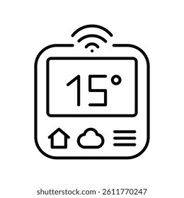Smart thermostat black line icon for digital and print projects.  Minimal clean icons for apps and websites. Modern simple icons for UI UX and branding